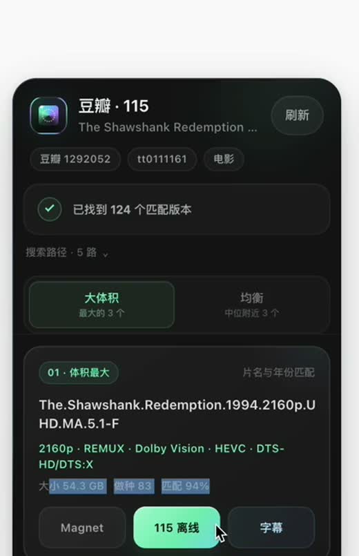 扩展面板列出 124 个匹配版本，分大体积与均衡两种排序